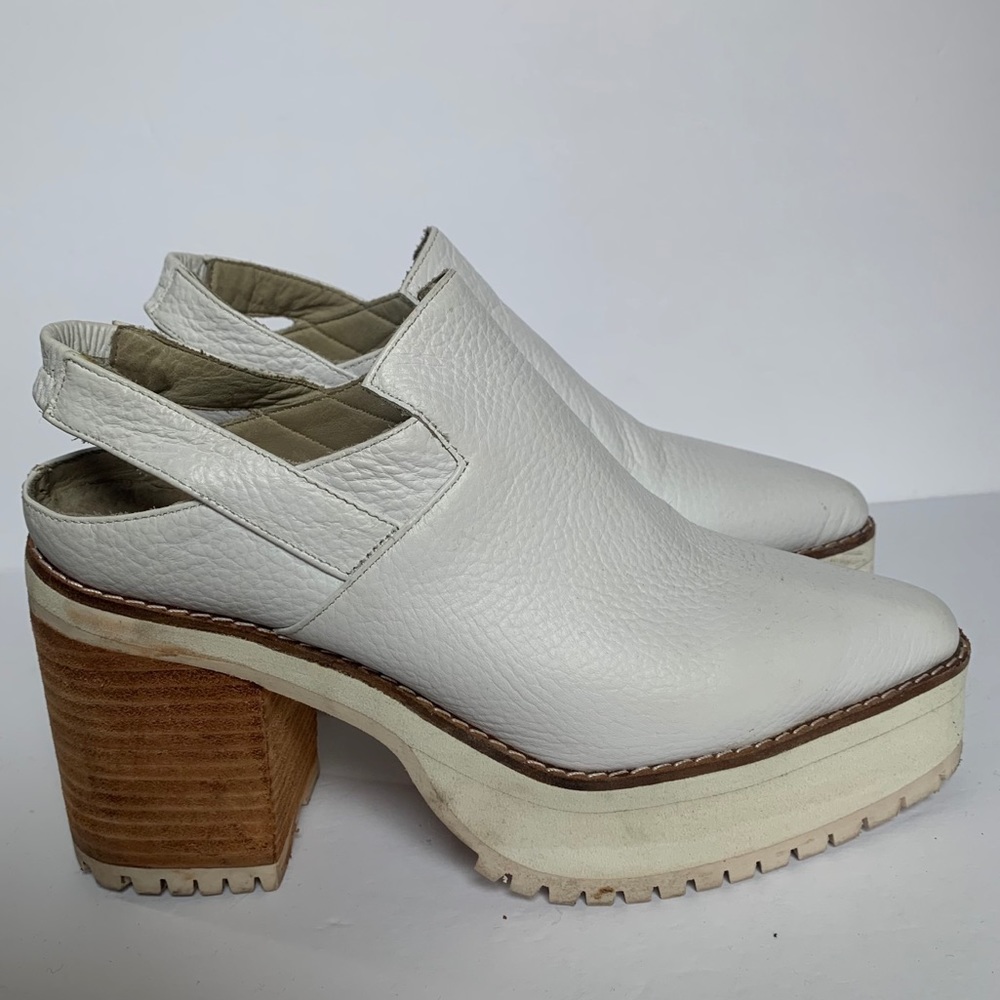 White Faux Leather Mules with Tan Platform Heel
